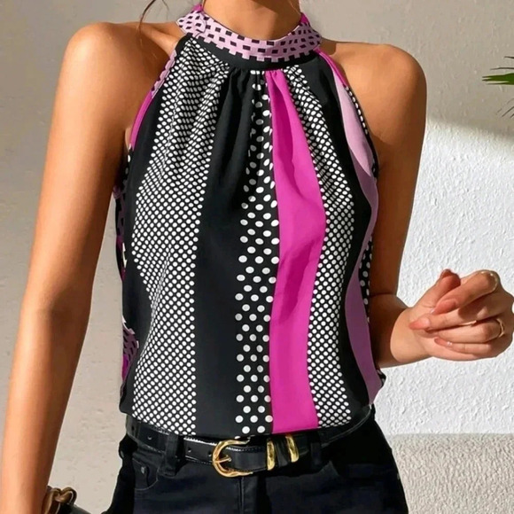 COPY - Polka Dot Print Key Hole Back Halter Neck Blouse - Picture 1 of 6